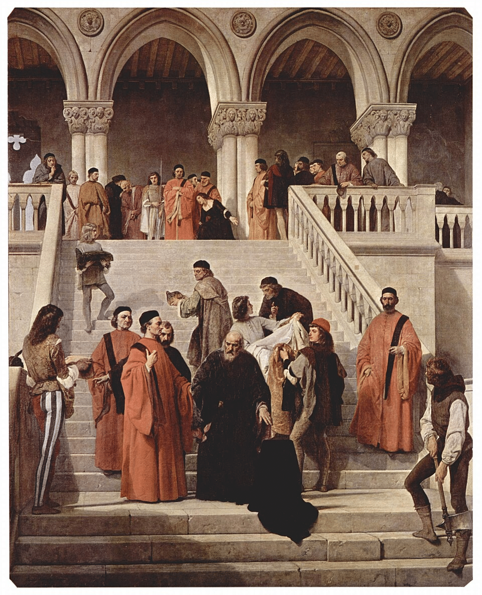 I Dieci (in toga rossa e fascia nera) assistono alla decapitazione di Marino Faliero (al centro, vestito di nero) in un dipinto di Francesco Hayez.