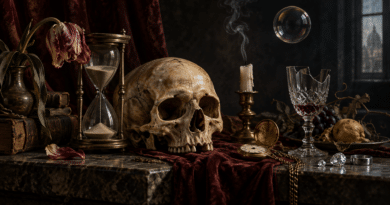 Natura morta vanitas con teschio, clessidra, candela spenta, tulipano e orologio