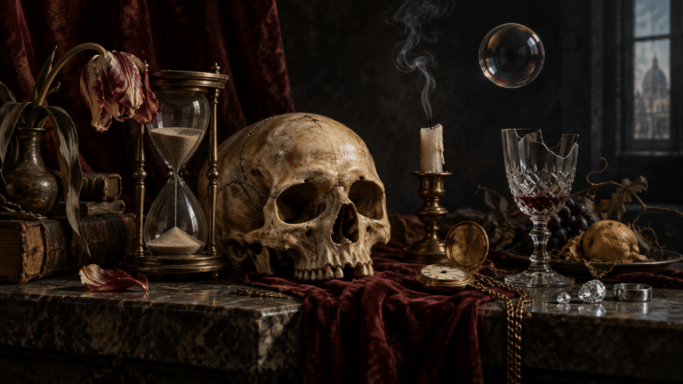 Natura morta vanitas con teschio, clessidra, candela spenta, tulipano e orologio