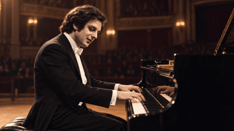 Dino Ciani al pianoforte in un teatro, illuminato da una luce calda.