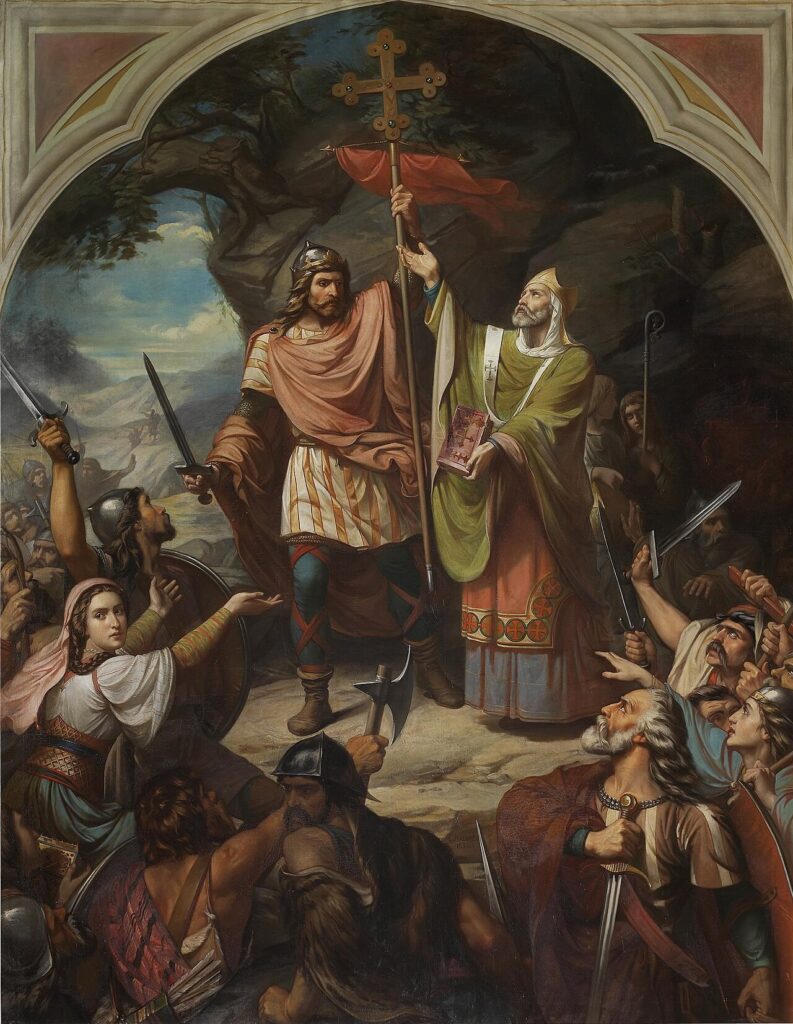 Don Pelayo proclamato re delle Asturie presso la grotta di Covadonga nel dipinto di Luis de Madrazo