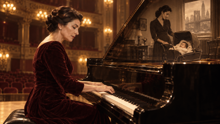 Donatella Failoni al pianoforte, con il ricordo della giovane Maria Callas accanto a una carrozzina