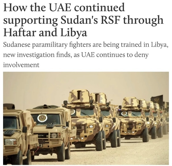 Titolo dell’inchiesta di Middle East Eye sul sostegno degli Emirati Arabi Uniti alle Rapid Support Forces del Sudan attraverso Haftar e la Libia