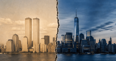 Confronto tra lo skyline di New York con le Torri Gemelle e quello contemporaneo, separati da una spaccatura