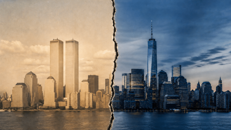 Confronto tra lo skyline di New York con le Torri Gemelle e quello contemporaneo, separati da una spaccatura