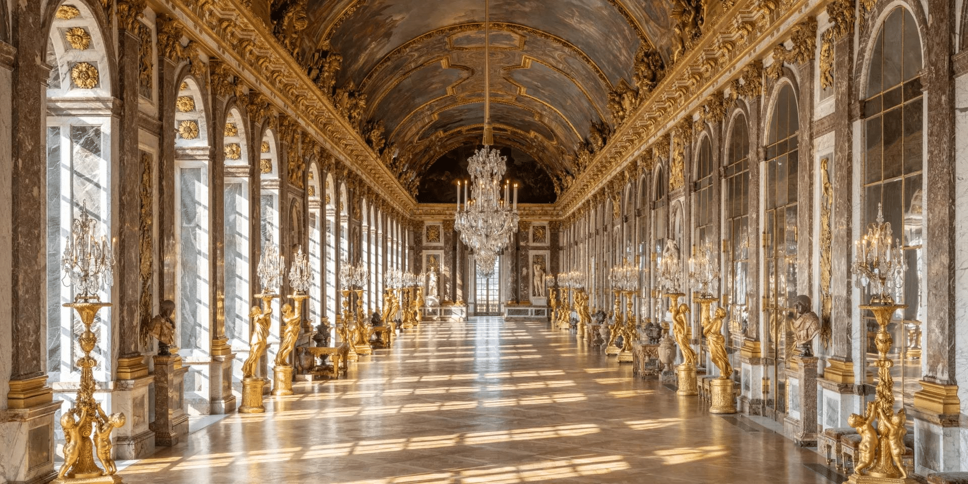 Veduta centrale della Galleria degli Specchi di Versailles.