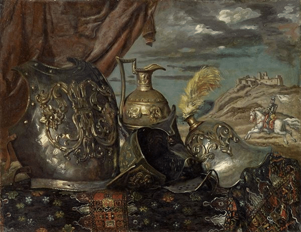 Giorgio de Chirico, natura morta con corazze, elmi e un cavaliere sullo sfondo.