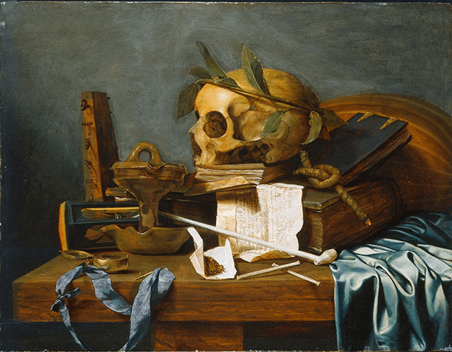 Vanitas di Hendrick Andriessen con teschio, corda, clessidra, liuto e orologio.