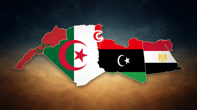 Mappa del Nord Africa con le bandiere di Marocco, Algeria, Tunisia, Libia ed Egitto