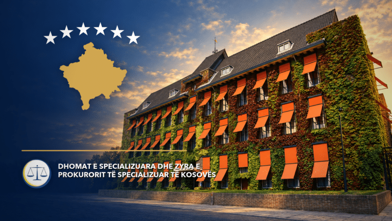 Sede delle Camere specializzate all’Aia con sagoma e stelle della bandiera del Kosovo.