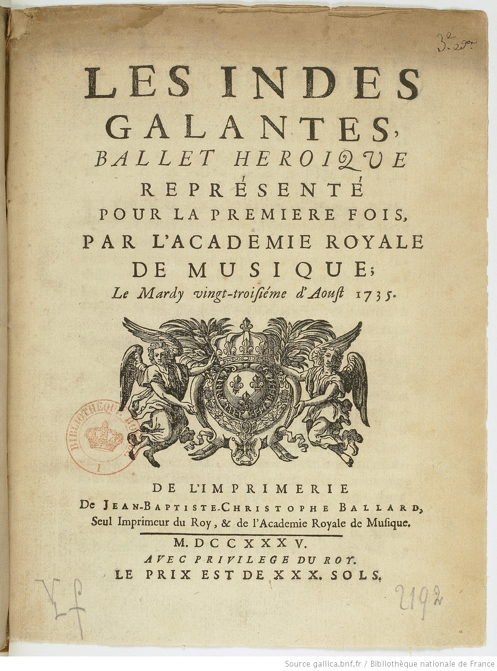 Frontespizio del libretto delle Indes galantes del 1735