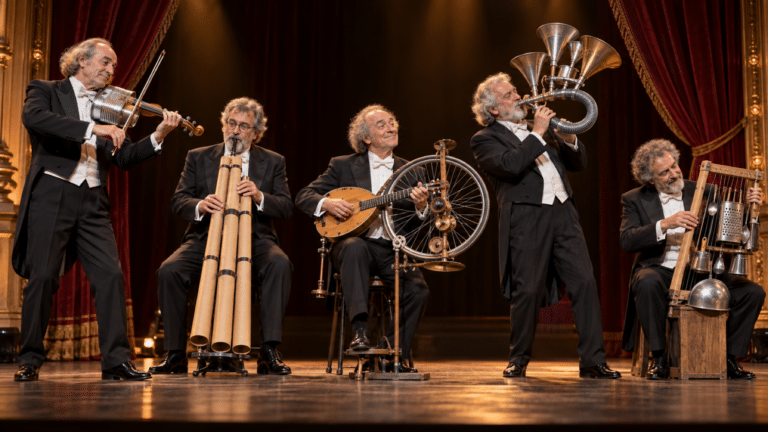 Ensemble teatrale in frac suona strumenti immaginari costruiti con oggetti comuni.