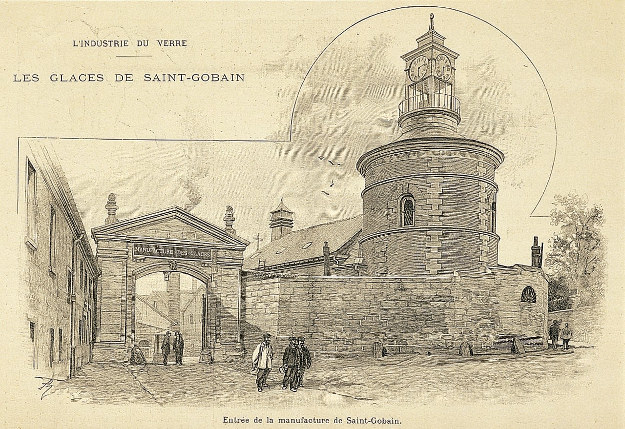 Ingresso della manifattura di Saint-Gobain, incisione da L’Illustration, 1898.