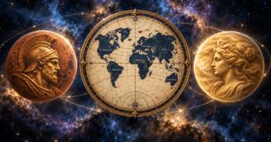 Effigi dorate di Marte e Venere sui rispettivi pianeti, con un planisfero al centro.