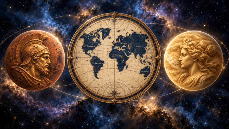 Effigi dorate di Marte e Venere sui rispettivi pianeti, con un planisfero al centro.