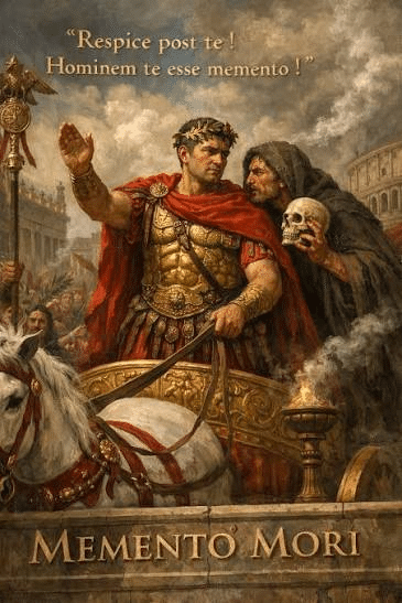 Generale romano sul carro trionfale mentre riceve il monito memento mori.
