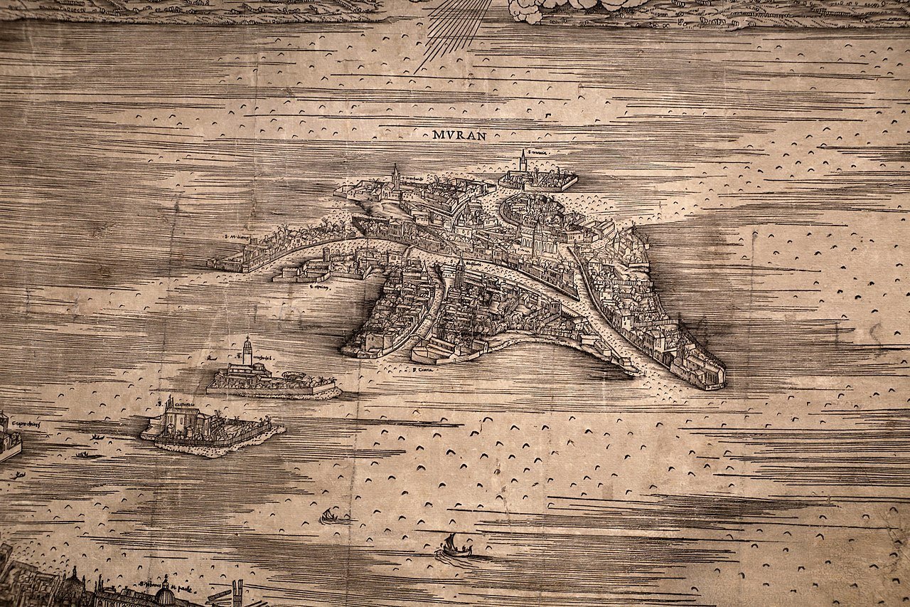 Murano nella Veduta di Venezia a volo d’uccello di Jacopo de’ Barbari (1497-1500).
