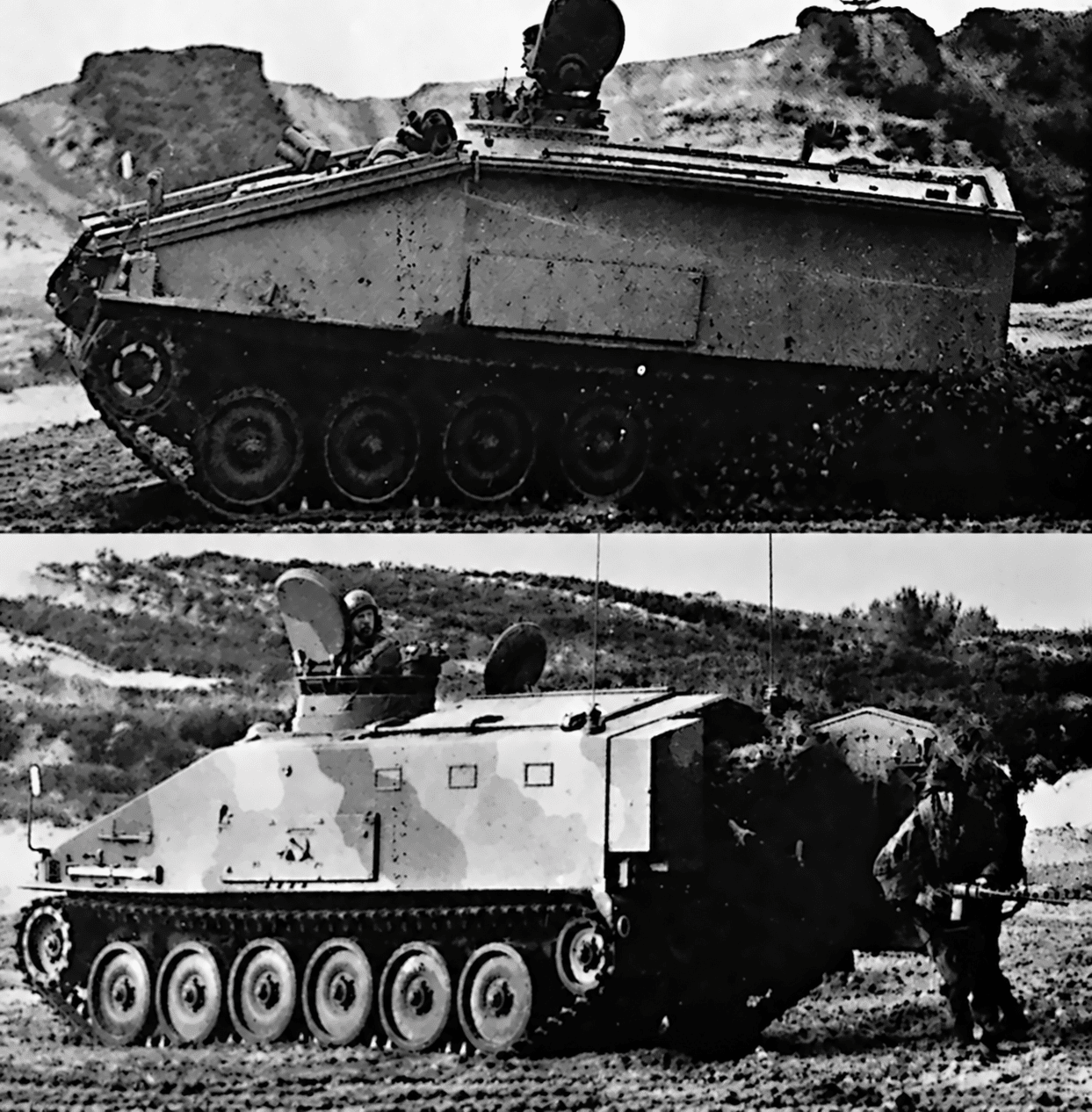 Collage di due viste laterali dello STORMER APC con mitragliatrice e portello posteriore aperto