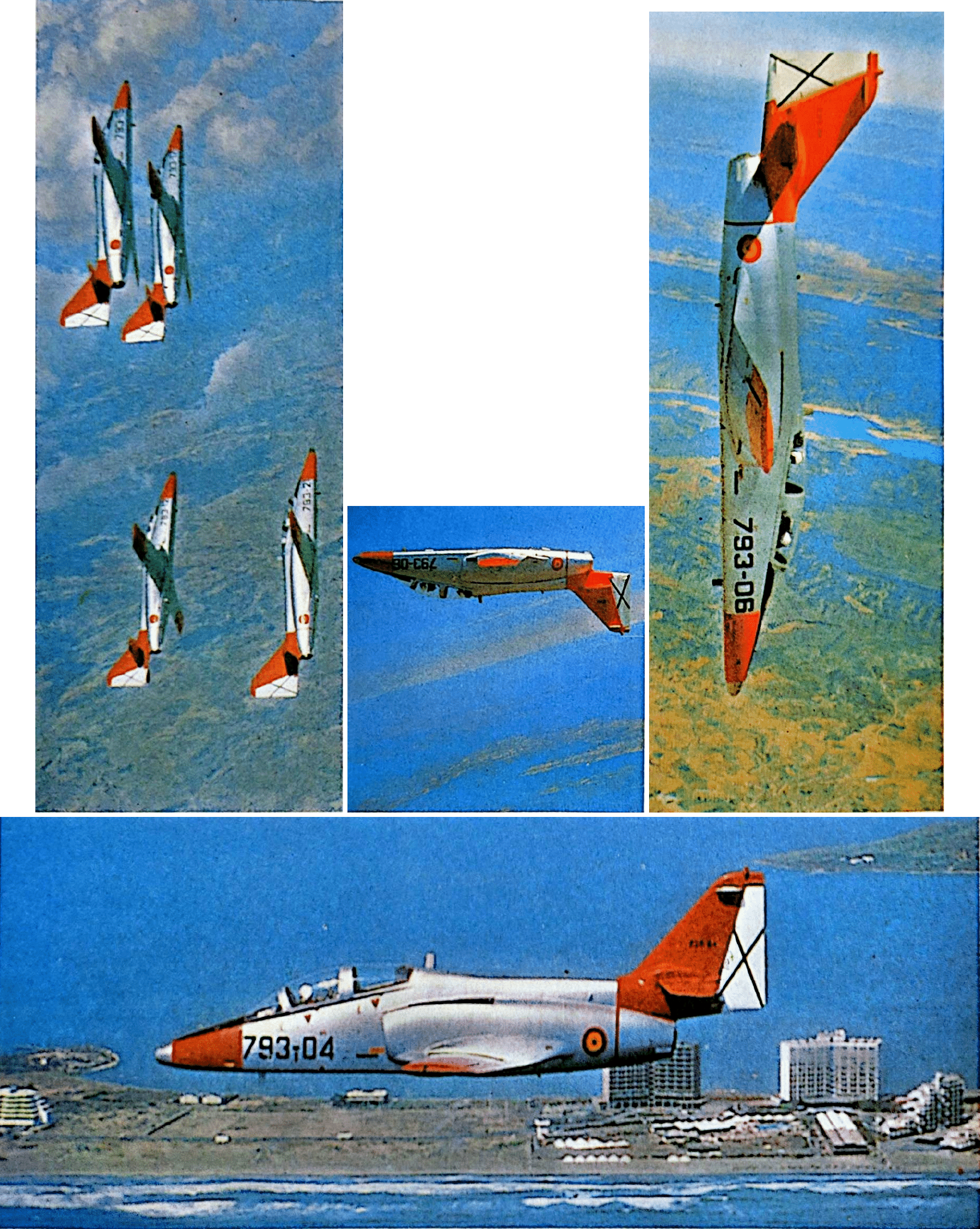 Collage di quattro fotografie del CASA C-101 in formazione, volo rovescio, vista laterale e picchiata