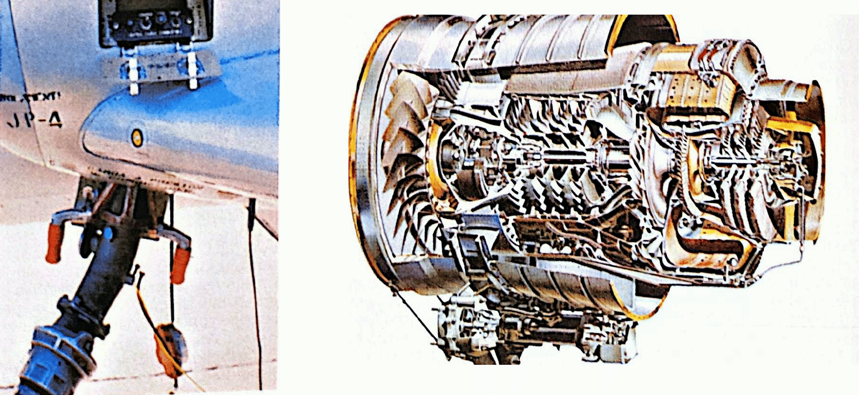 Collage del punto unico di rifornimento del CASA C-101 e dello spaccato del turbofan Garrett TFE-731-3