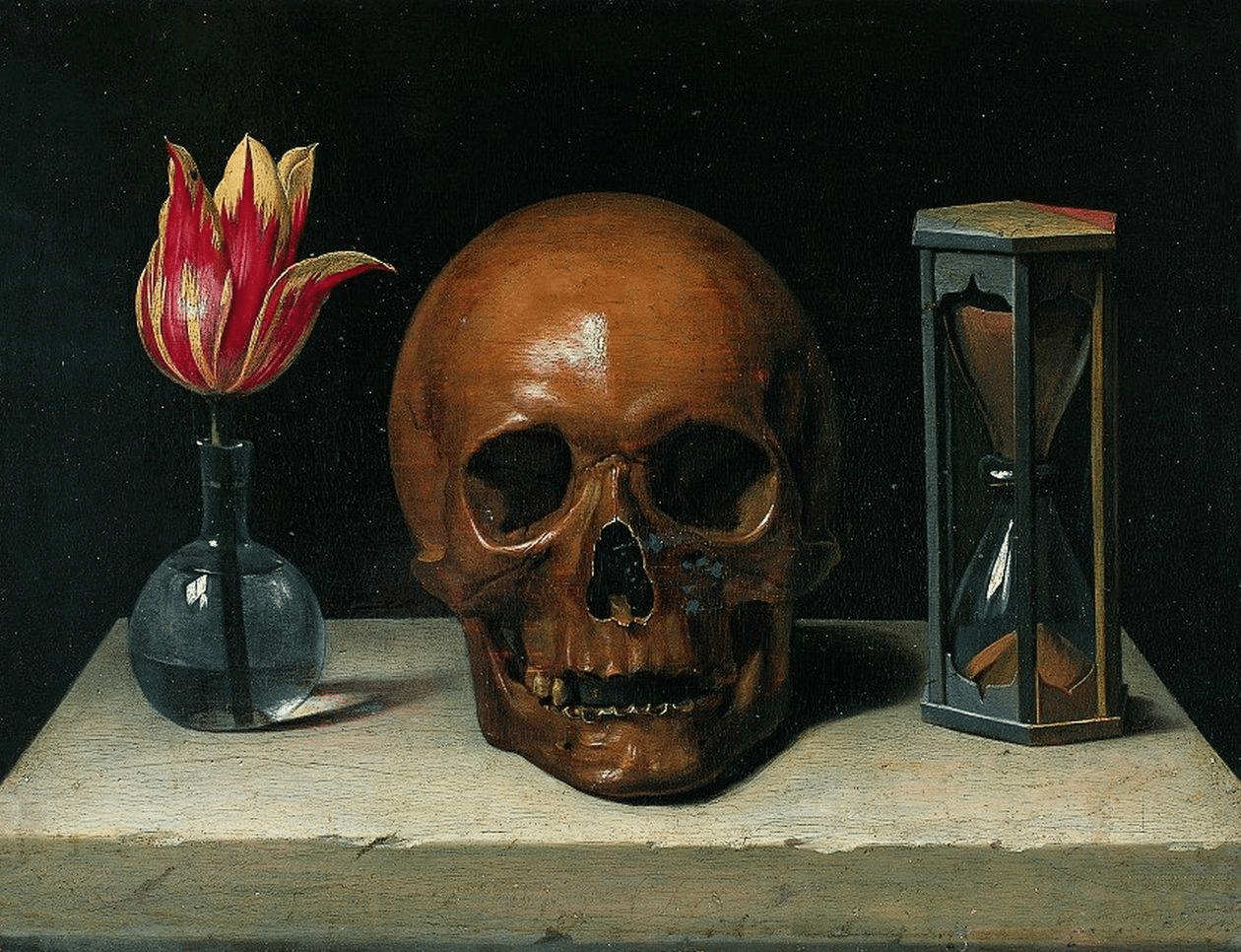 Philippe de Champaigne, La vita umana, con tulipano, teschio e clessidra.