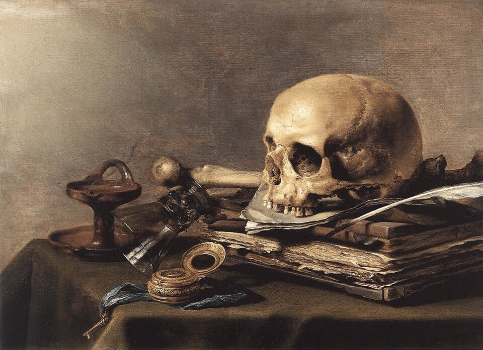 Vanitas di Pieter Claesz con teschio, lucerna, orologio, libri e calamaio.