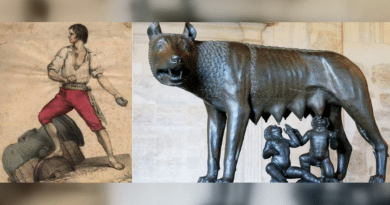 Montaggio con Balilla su un cannone e la Lupa capitolina con Romolo e Remo.