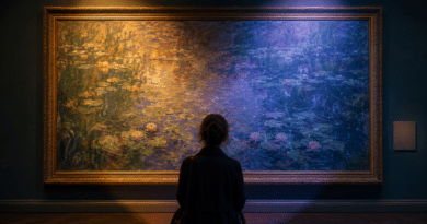 La AI, Monet e i bias cognitivi Una visitatrice osserva un dipinto di ninfee tra pittura impressionista e trama algoritmica.