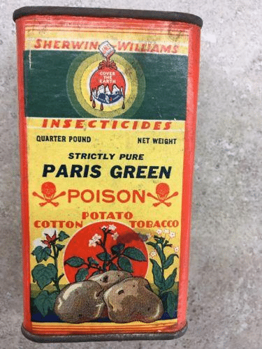 Contenitore di Verde di Parigi Sherwin-Williams contrassegnato come veleno.