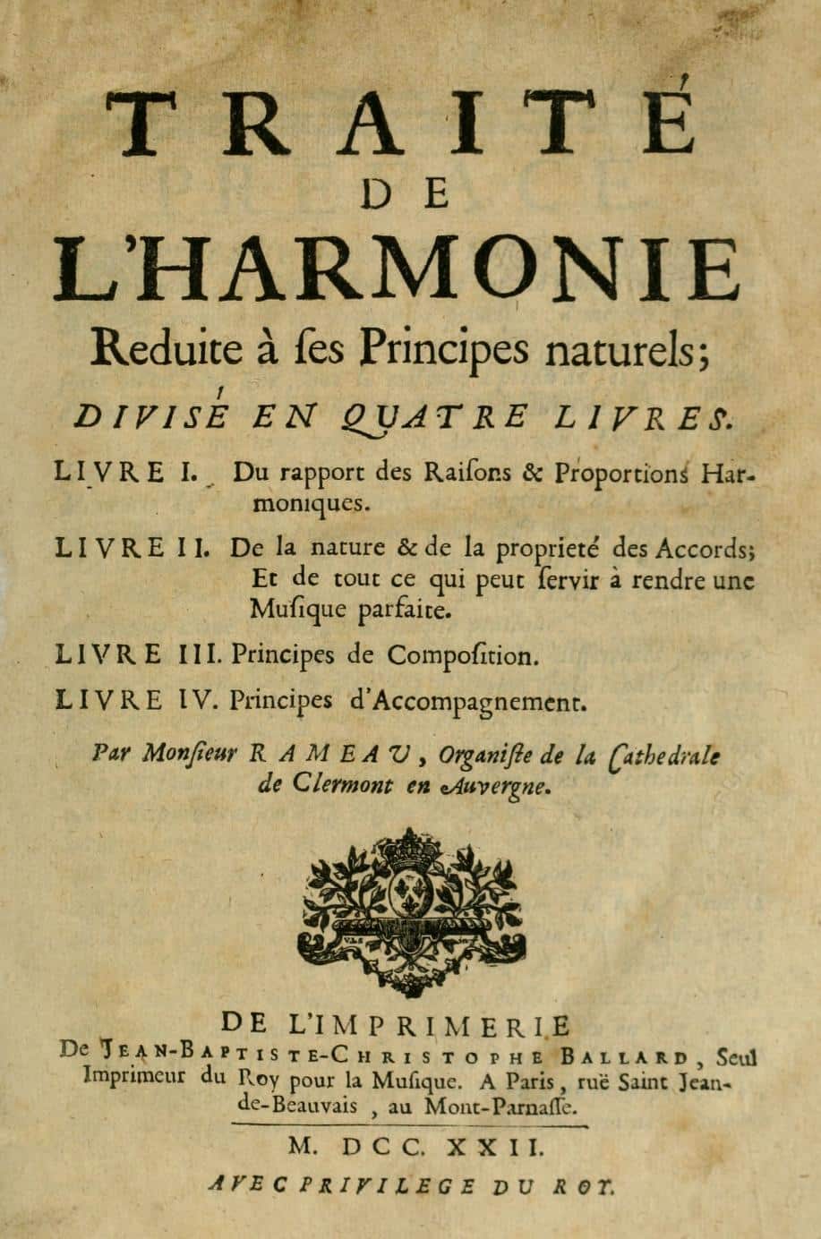 Frontespizio del Traité de l’harmonie di Rameau del 1722