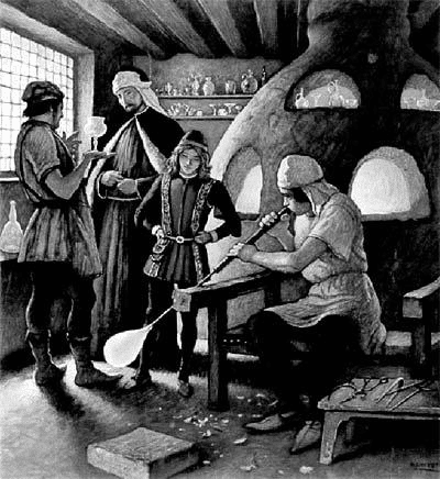 Verrieri veneziani al lavoro in una fornace, XIV secolo.