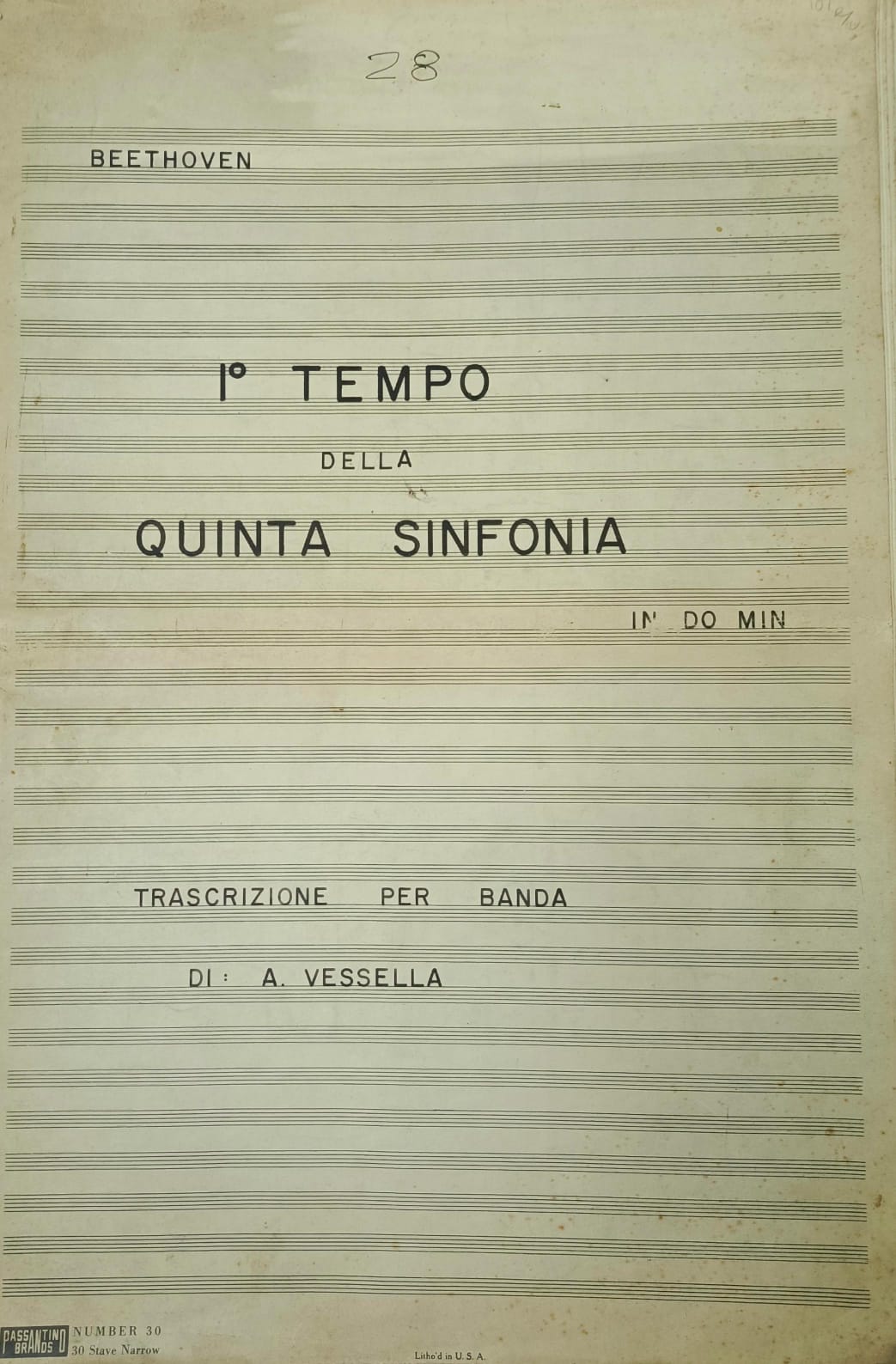 Prima pagina della trascrizione per banda della Quinta sinfonia di Beethoven di Alessandro Vessella
