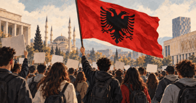 Illustrazione di giovani manifestanti a Tirana con bandiera albanese e moschea sullo sfondo.