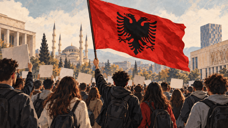 Illustrazione di giovani manifestanti a Tirana con bandiera albanese e moschea sullo sfondo.