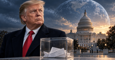 Donald Trump, un’urna trasparente con schede elettorali americane stampate e il Campidoglio, con un globo sullo sfondo