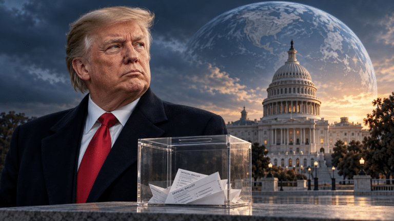 Donald Trump, un’urna trasparente con schede elettorali americane stampate e il Campidoglio, con un globo sullo sfondo