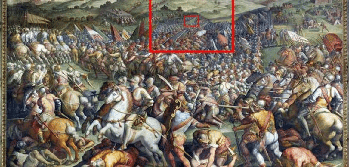 Battaglia di Marciano di Vasari con la posizione dello stendardo Cerca trova evidenziata