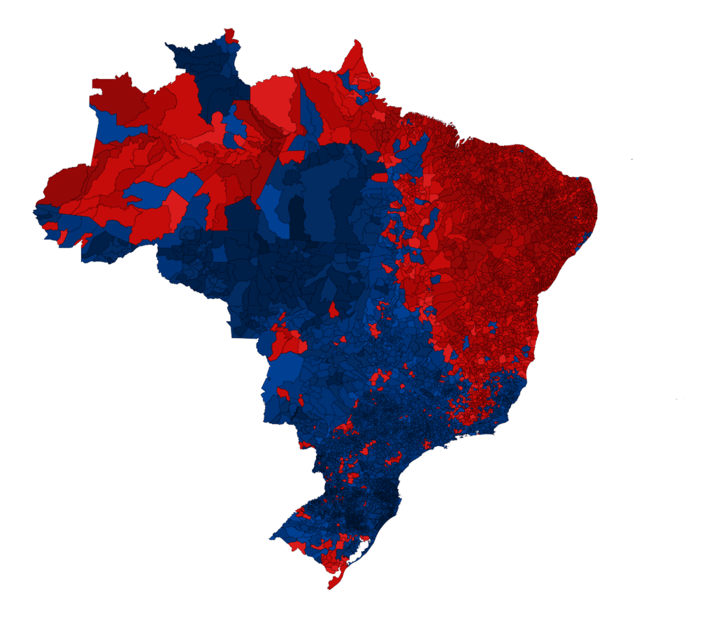 Mappa dei comuni brasiliani nel primo turno 2026: blu Flávio Bolsonaro, rosso Lula