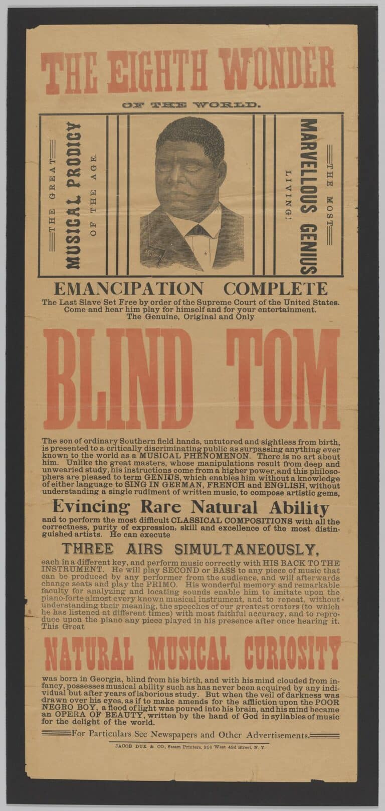 Manifesto ottocentesco che pubblicizza Blind Tom come prodigio musicale