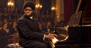 Thomas Blind Tom Wiggins al pianoforte in una sala da concerto ottocentesca, ricostruzione illustrativa