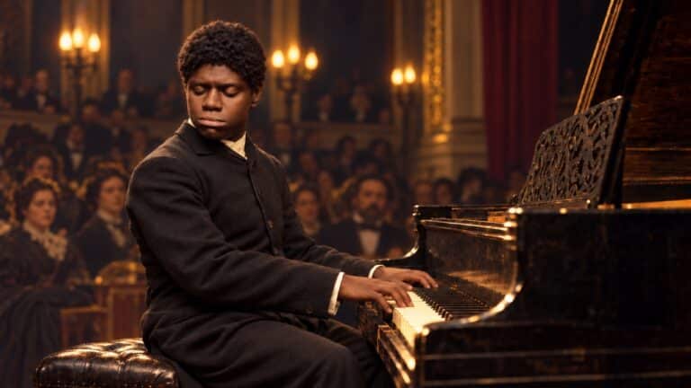 Thomas Blind Tom Wiggins al pianoforte in una sala da concerto ottocentesca, ricostruzione illustrativa