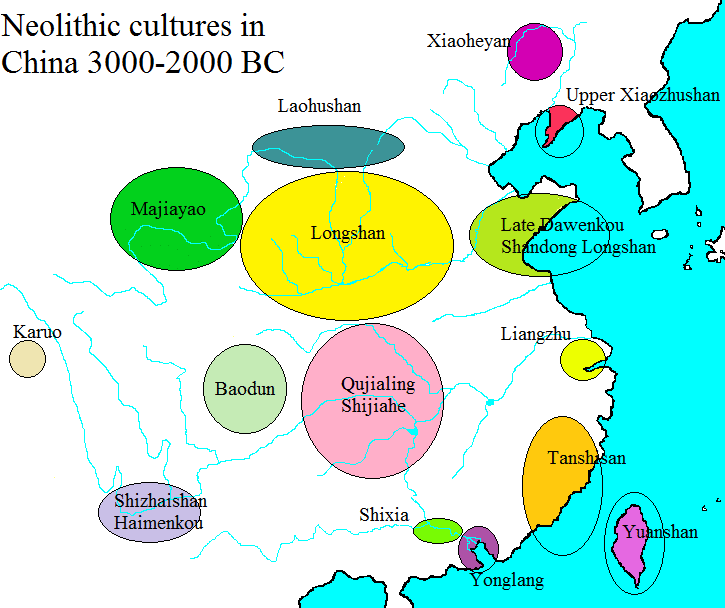 Carta delle principali culture neolitiche in Cina tra il 3000 e il 2000 a.C.