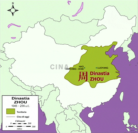 Carta dei territori approssimativi della dinastia Zhou nella Cina antica.