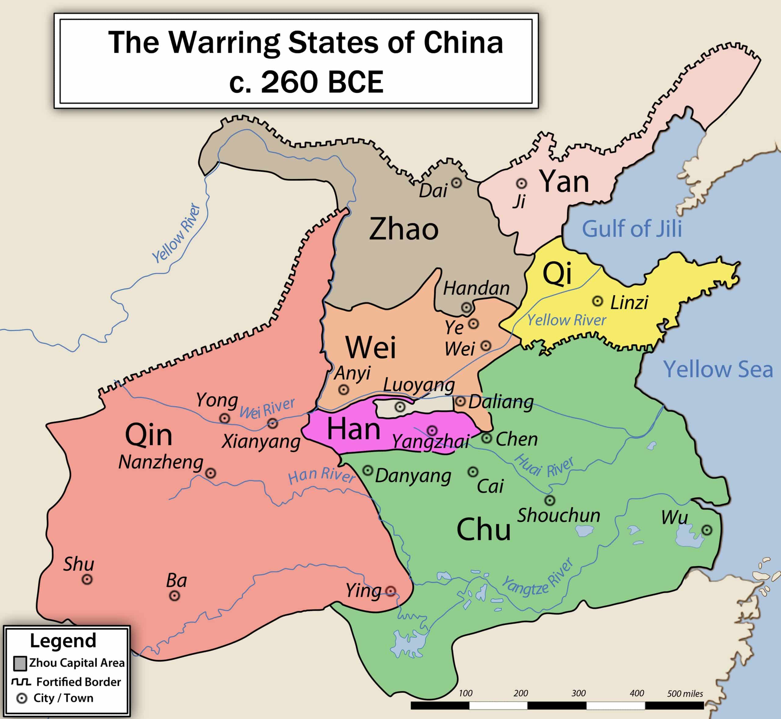 Carta politica dei Regni Combattenti in Cina intorno al 260 a.C., con Qin, Chu, Han, Wei, Zhao, Qi e Yan.