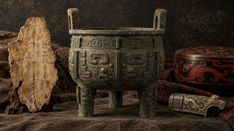 Copertina illustrata con osso oracolare Shang, vaso rituale della dinastia Zhou e lacca dei Regni Combattenti.