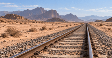 Binari ferroviari con traversine polverose attraversano il deserto giordano verso montagne rocciose.