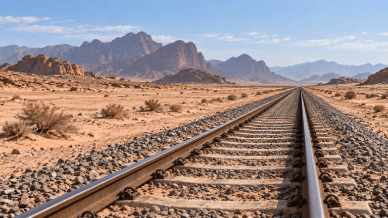 Binari ferroviari con traversine polverose attraversano il deserto giordano verso montagne rocciose.