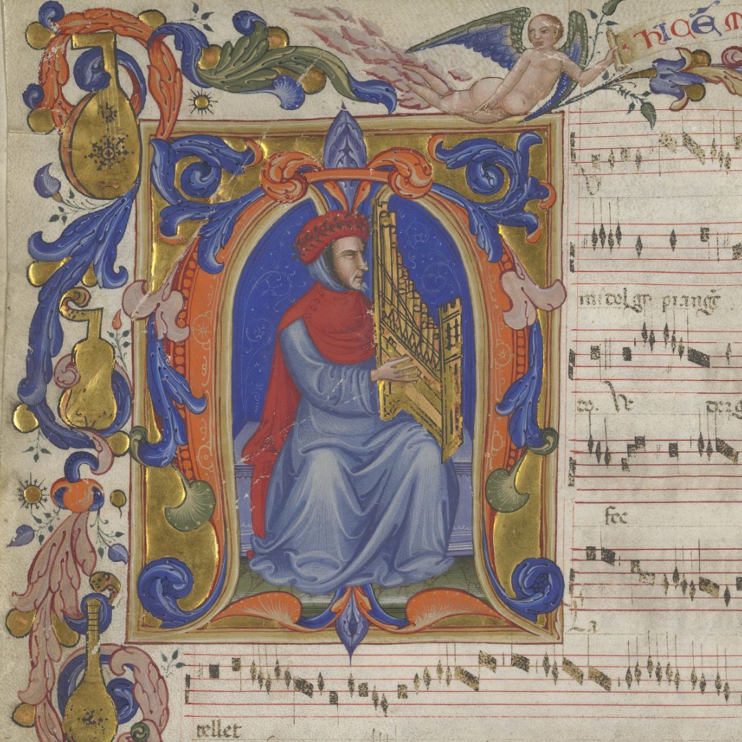 Miniatura del Codice Squarcialupi con Francesco Landini che suona un organetto