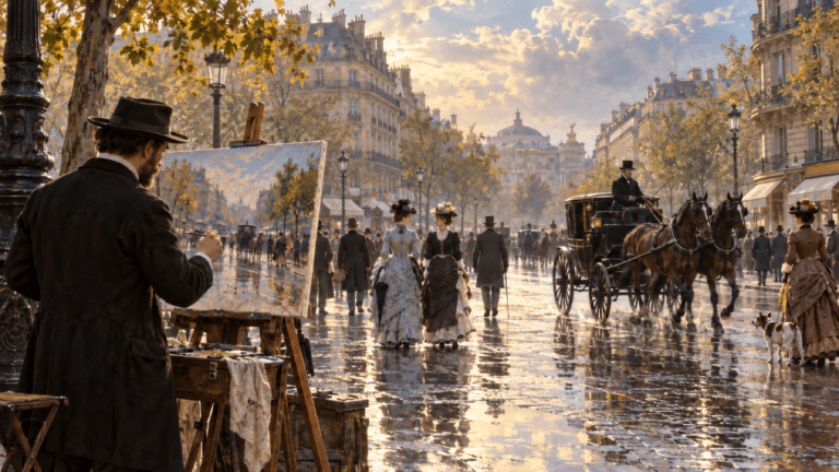 Copertina illustrativa: Giuseppe de Nittis dipinge un boulevard parigino tra carrozze e passanti