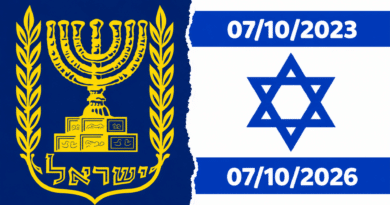 Stemma dello Stato d’Israele e bandiera israeliana, separati da uno strappo, con le date 7 ottobre 2023 e 7 ottobre 2026.